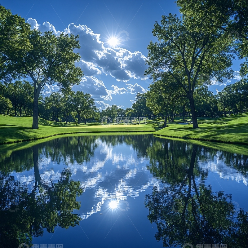 高清大图下载【趣麦麦图】阳光绿树倒影