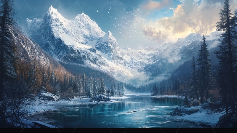 高清大图下载【趣麦麦图】雪山森林河流图