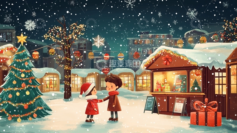 高清大图下载【趣麦麦图】圣诞节情侣插画1