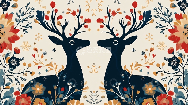 高清大图下载【趣麦麦图】鹿与花插画1