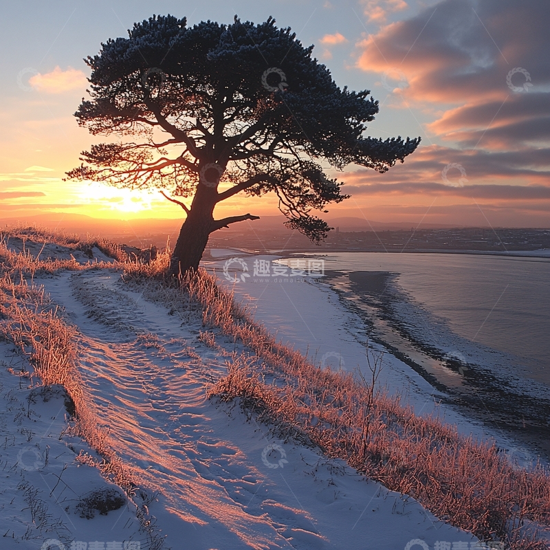高清大图下载【趣麦麦图】冬季雪原落日一颗树1