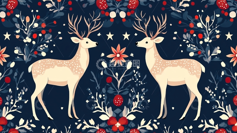 高清大图下载【趣麦麦图】鹿与花插画