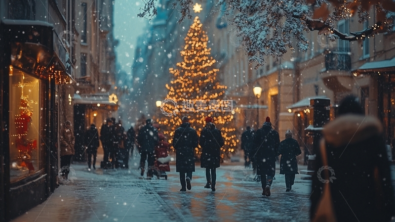 高清大图下载【趣麦麦图】圣诞节的街道上的圣诞树2