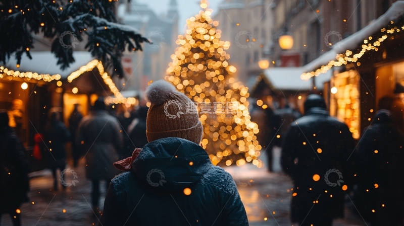 高清大图下载【趣麦麦图】圣诞节的街道上的圣诞树1