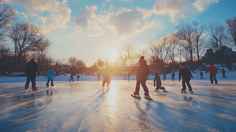 高清大图下载【趣麦麦图】夕阳下的冰上乐园