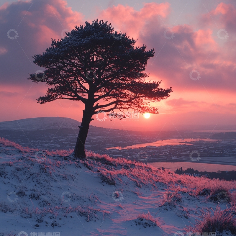 高清大图下载【趣麦麦图】冬季雪原落日一颗树2