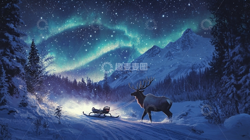 高清大图下载【趣麦麦图】拉雪橇的驯鹿1