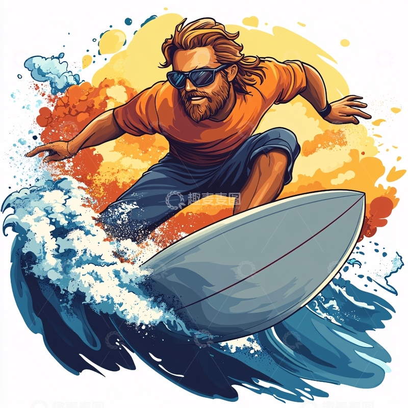 高清大图下载【趣麦麦图】手绘冲浪的男孩1