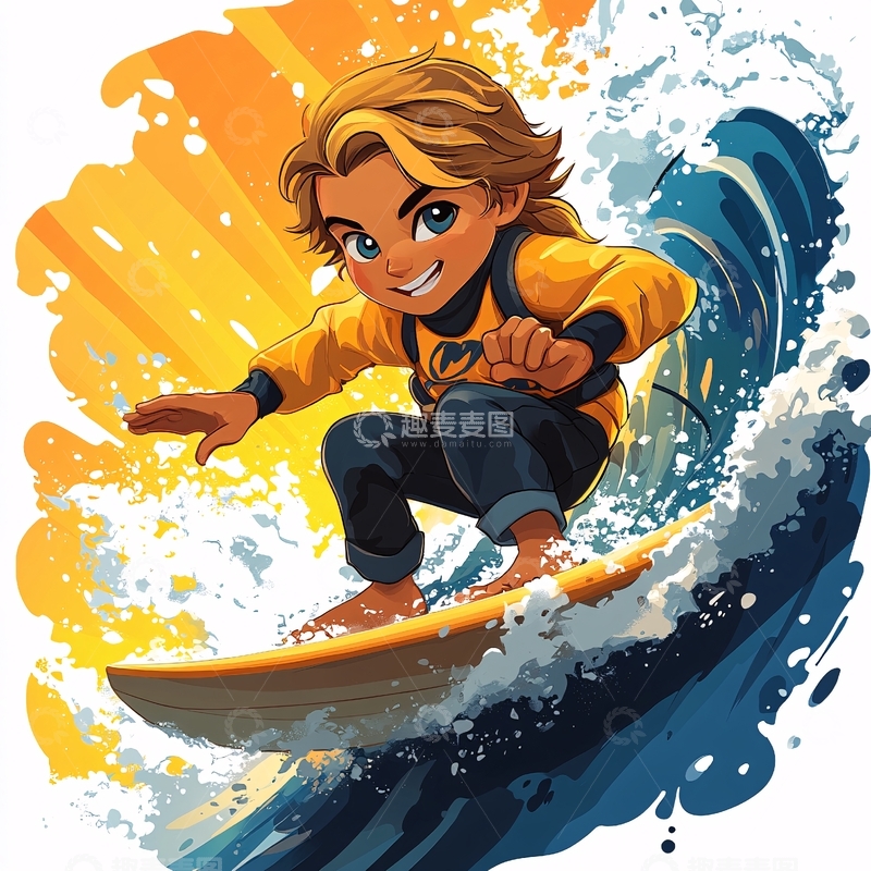 高清大图下载【趣麦麦图】冲浪卡通男孩1