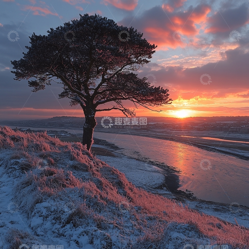 高清大图下载【趣麦麦图】冬季雪原落日一颗树4