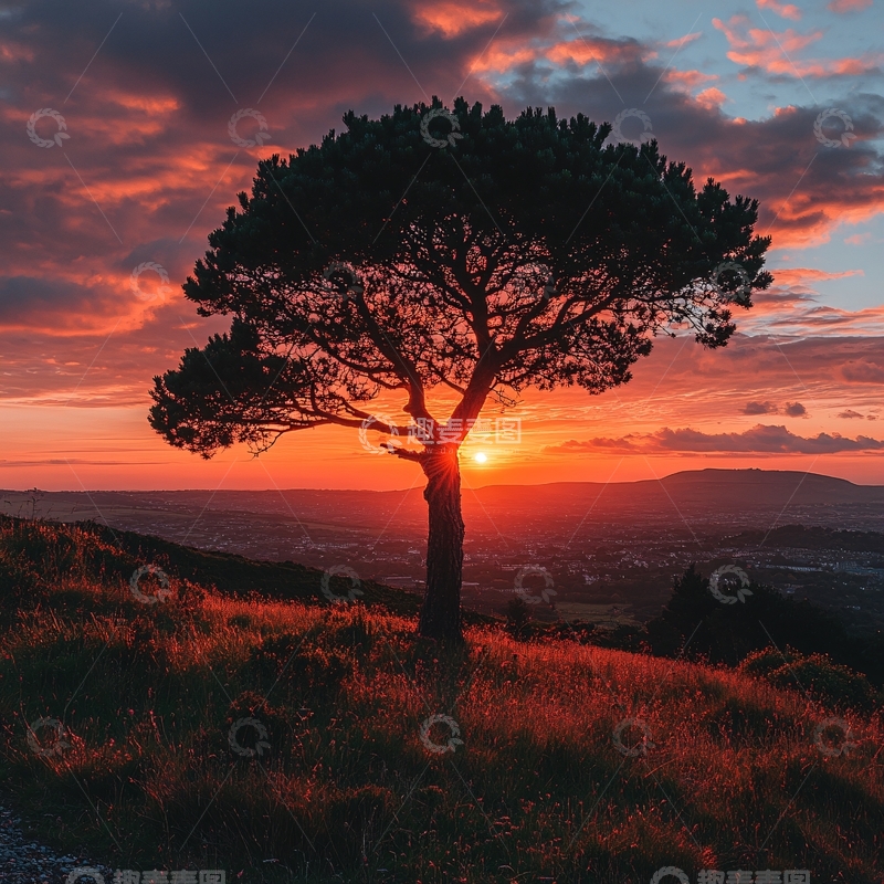 高清大图下载【趣麦麦图】晚霞下的松树2
