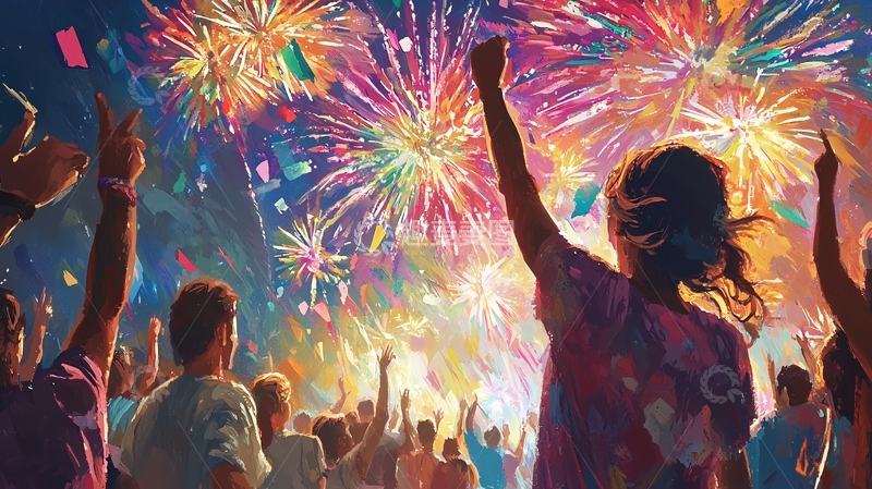 高清大图下载【趣麦麦图】看着烟花欢呼的人群