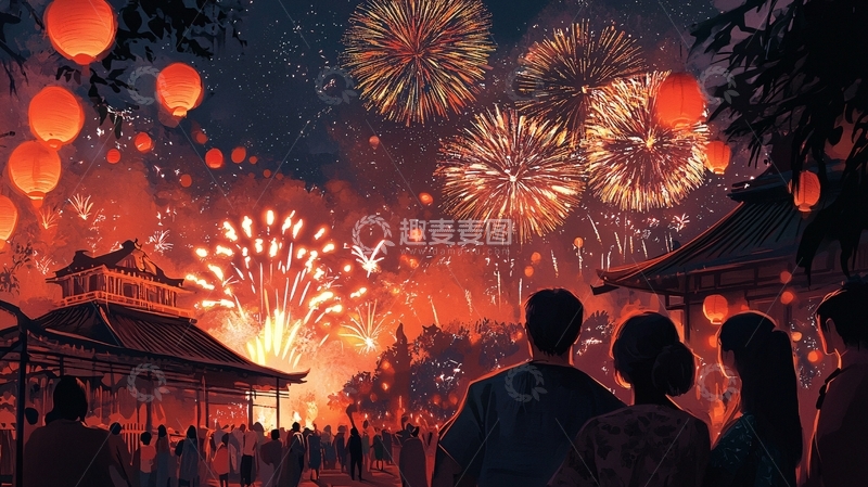 高清大图下载【趣麦麦图】赏烟花插画7