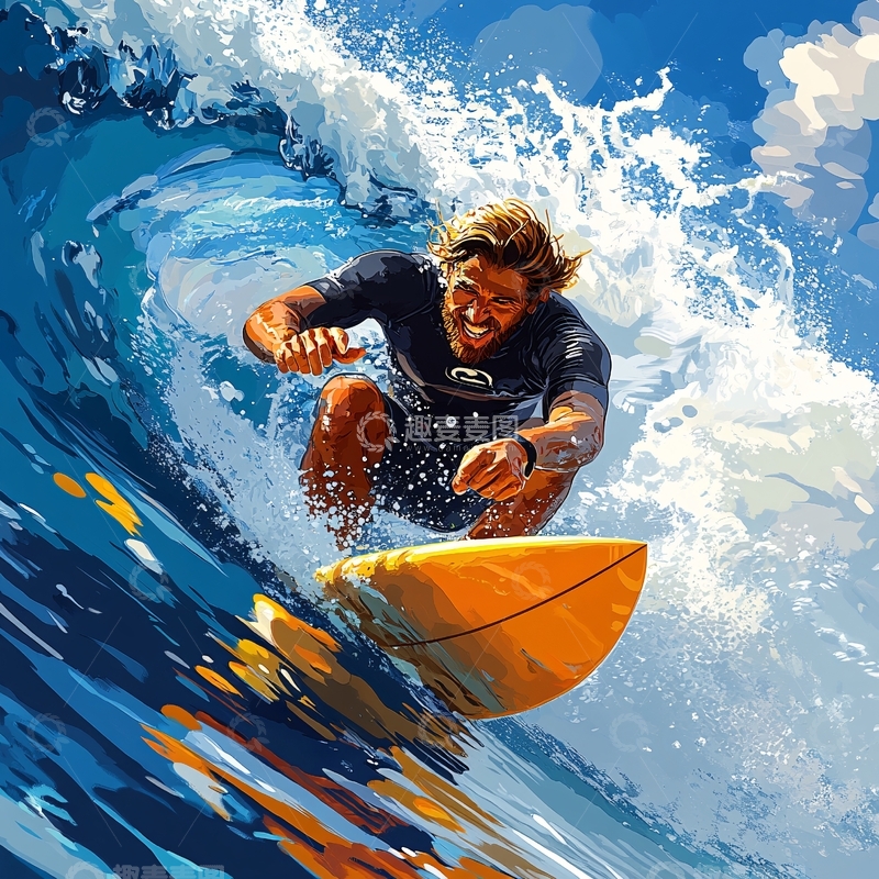 高清大图下载【趣麦麦图】手绘冲浪的男孩2
