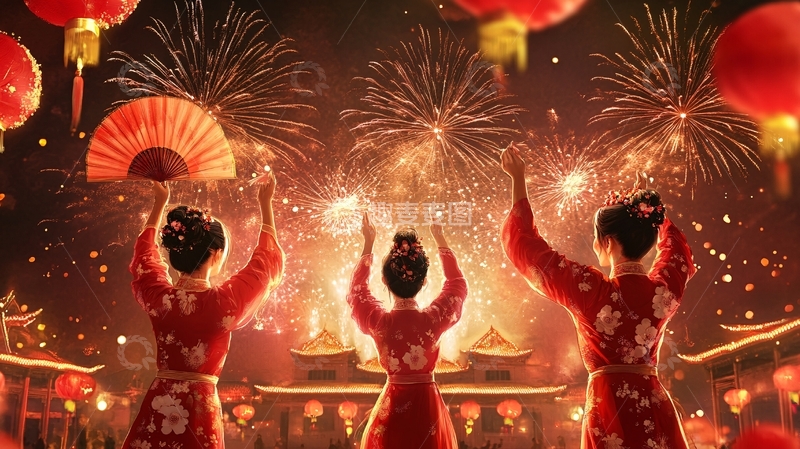 高清大图下载【趣麦麦图】赏烟花插画6