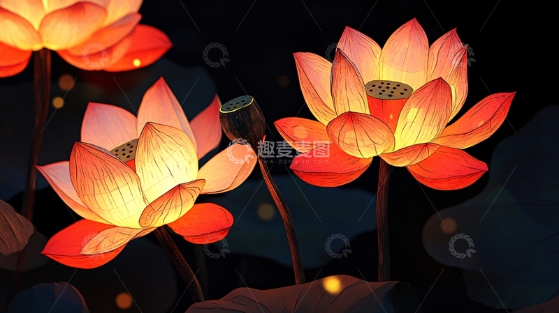高清大图下载【趣麦麦图】荷花灯背景插画5