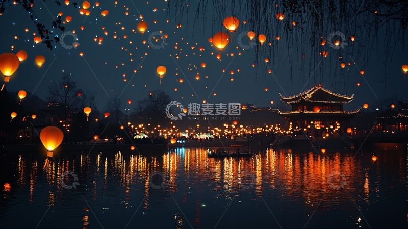 高清大图下载【趣麦麦图】-湖面灯笼