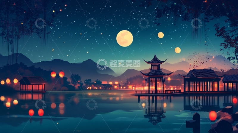 高清大图下载【趣麦麦图】虎溪夜月景点插画6