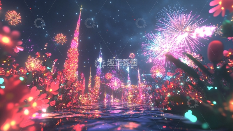高清大图下载【趣麦麦图】红飘带礼盒烟花楼群
