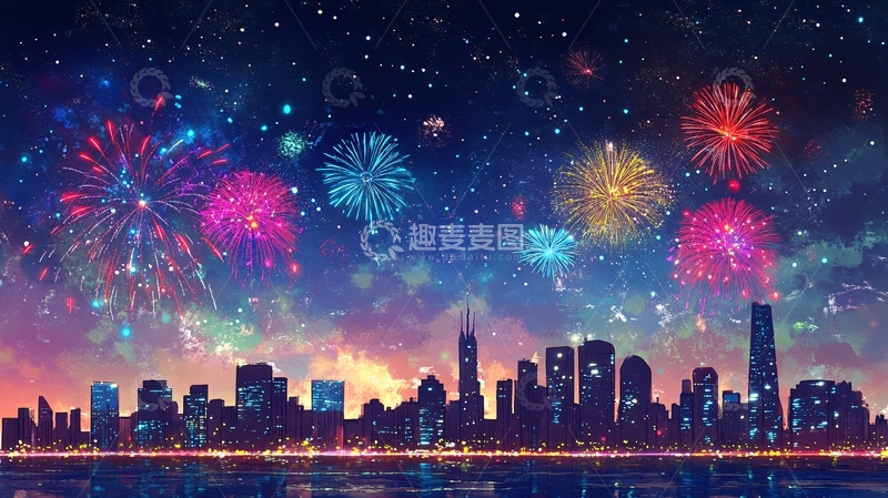 高清大图下载【趣麦麦图】烟花映照城市夜空1