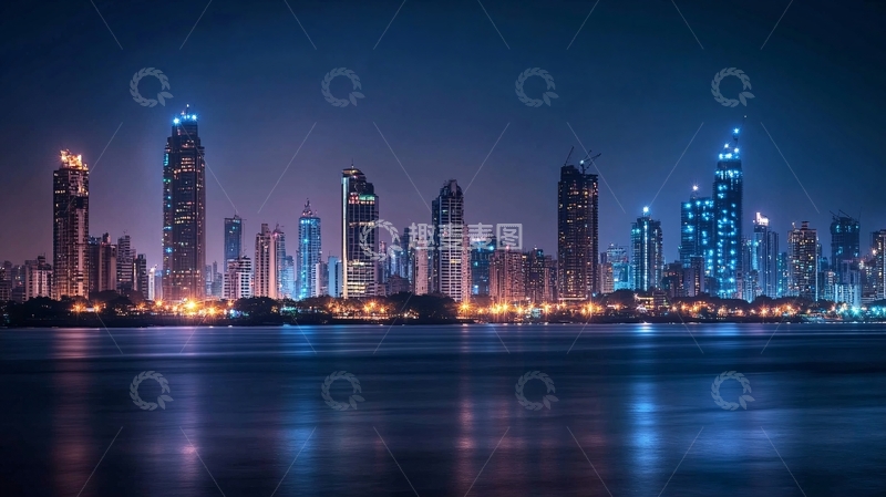 高清大图下载【趣麦麦图】湖边高楼霓虹夜色2