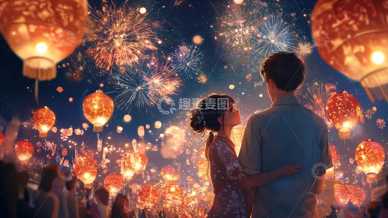 高清大图下载【趣麦麦图】赏烟花插画9