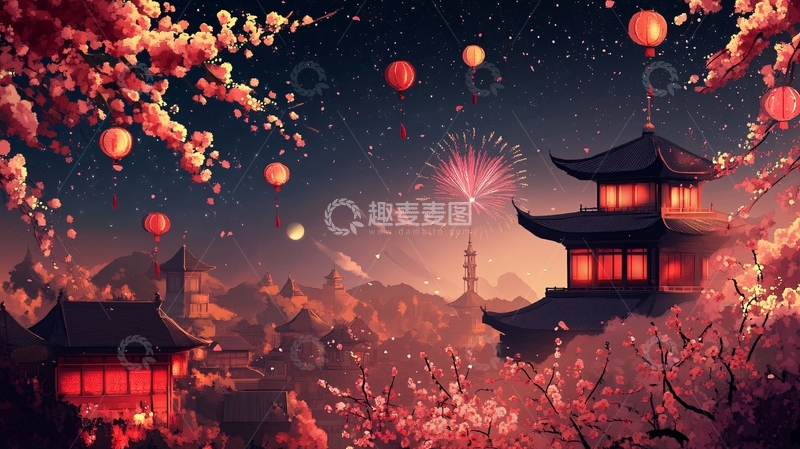 高清大图下载【趣麦麦图】赏樱楼插画