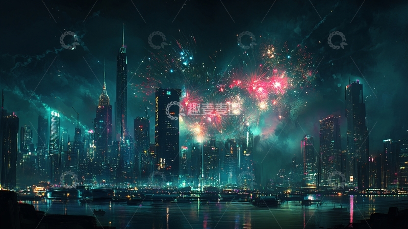 高清大图下载【趣麦麦图】城市烟花夜景城市