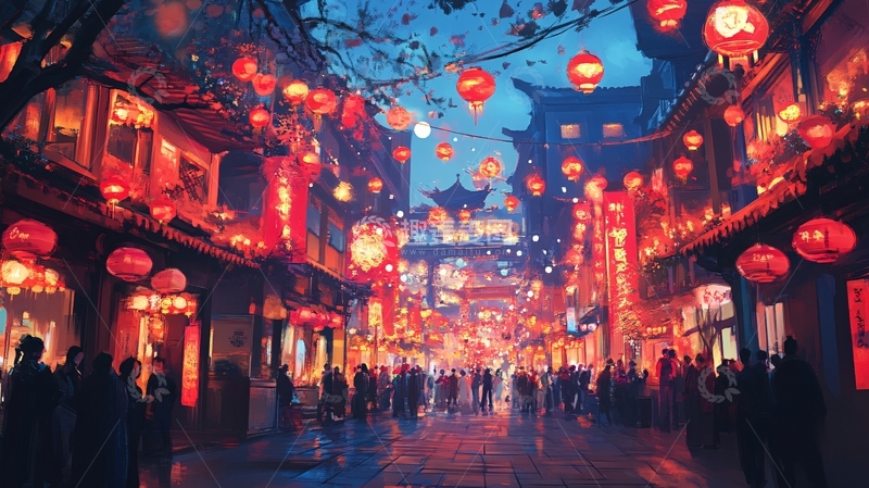 高清大图下载【趣麦麦图】步行街春节场景