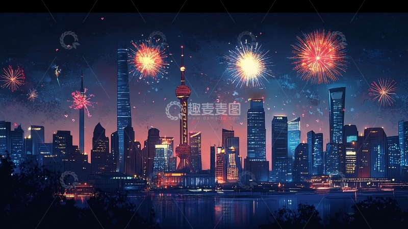 春夜烟花映城景