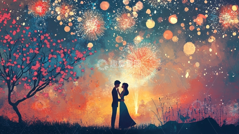 高清大图下载【趣麦麦图】浪漫情侣插画背景1