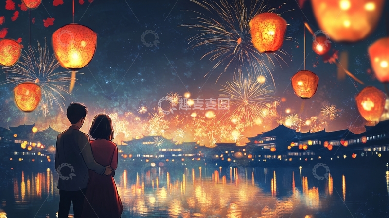 高清大图下载【趣麦麦图】赏烟花插画10