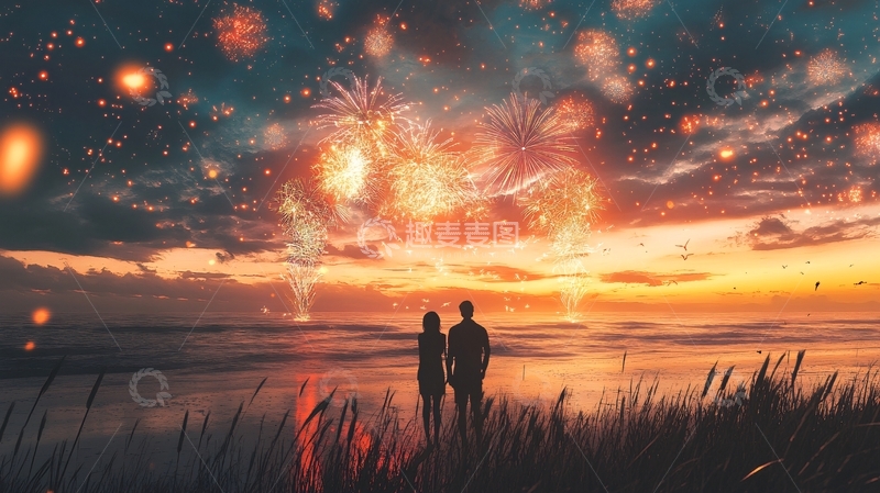高清大图下载【趣麦麦图】去海边放烟花1