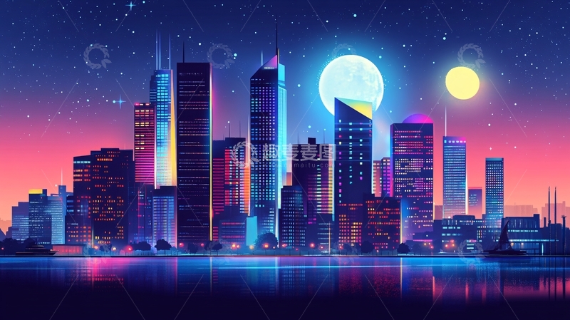 高清大图下载【趣麦麦图】月光下的城市插画9