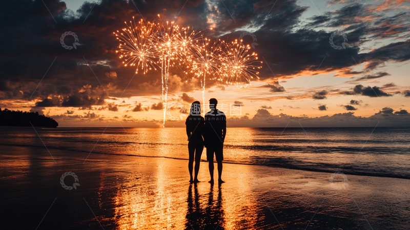 高清大图下载【趣麦麦图】情侣海边剪影1