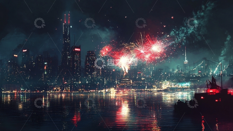 高清大图下载【趣麦麦图】城市夜景烟花倒影