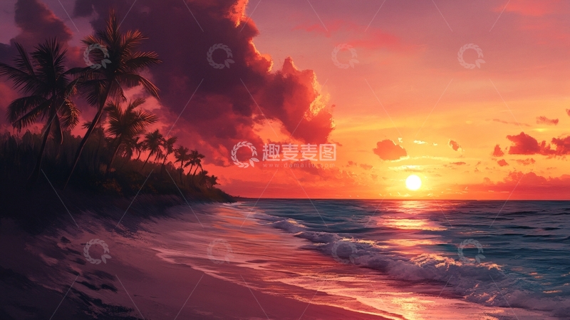 高清大图下载【趣麦麦图】海边落日插画77
