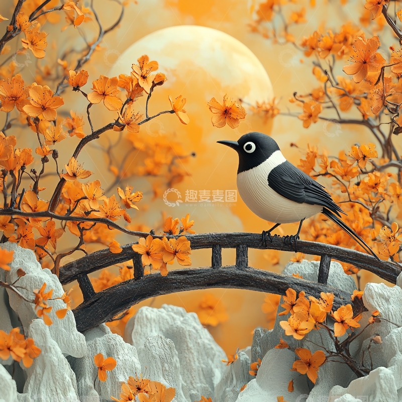 高清大图下载【趣麦麦图】新中式山水银杏叶花鸟3