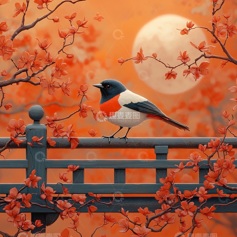 高清大图下载【趣麦麦图】红叶花鸟