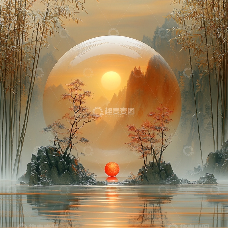 高清大图下载【趣麦麦图】红日出东方意境中式画13