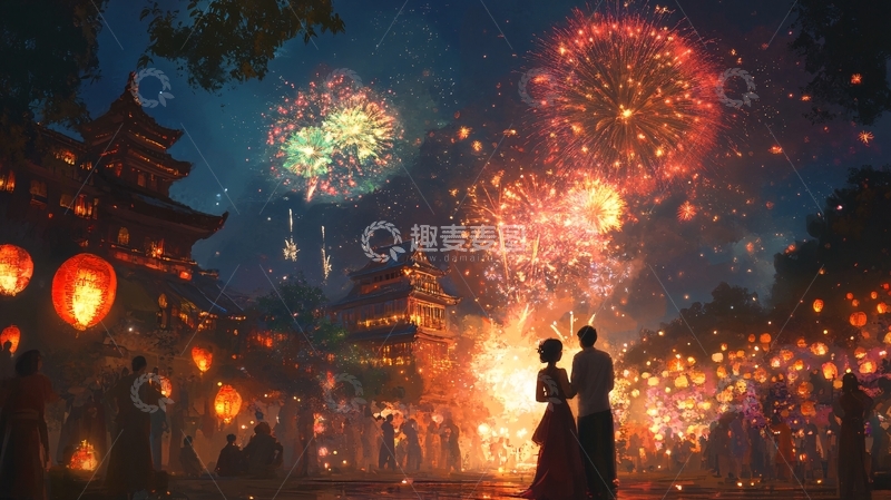 高清大图下载【趣麦麦图】赏烟花插画16