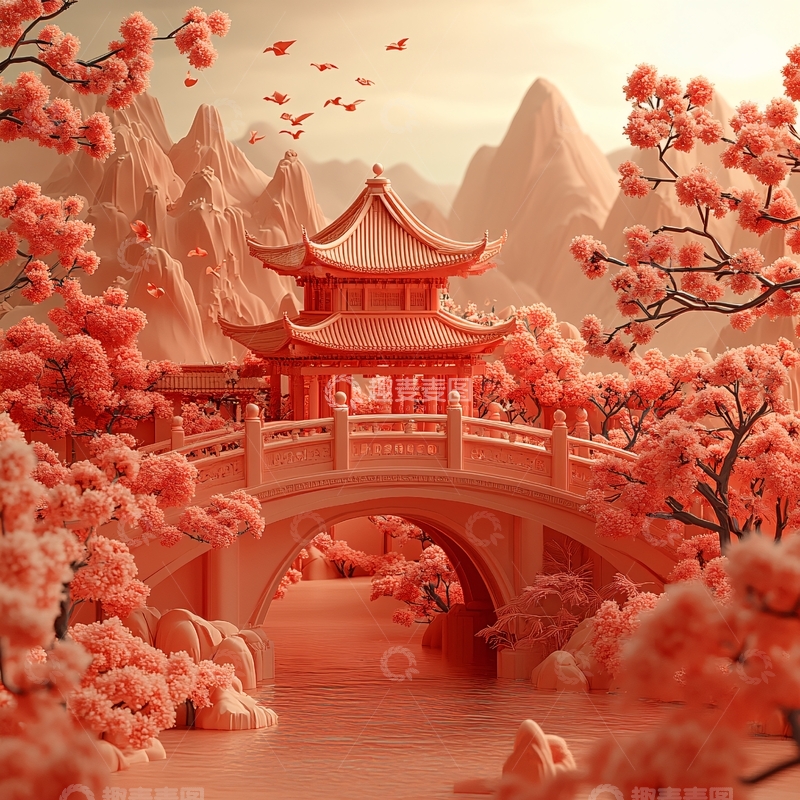 高清大图下载【趣麦麦图】仙鹤楼阁山水插画5