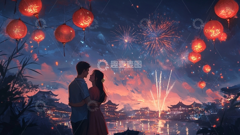 高清大图下载【趣麦麦图】赏烟花插画15