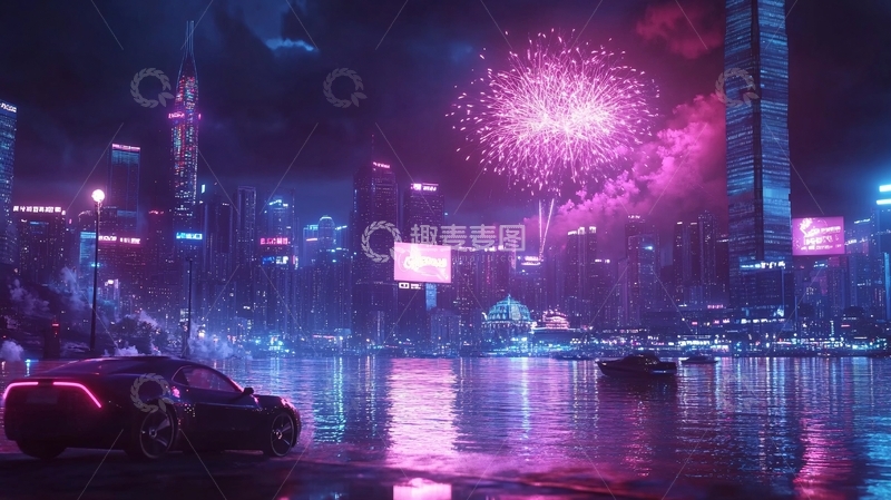 高清大图下载【趣麦麦图】城市夜景烟花倒影1
