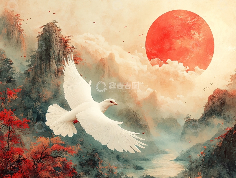 高清大图下载【趣麦麦图】旭日东升仙鹤插画24