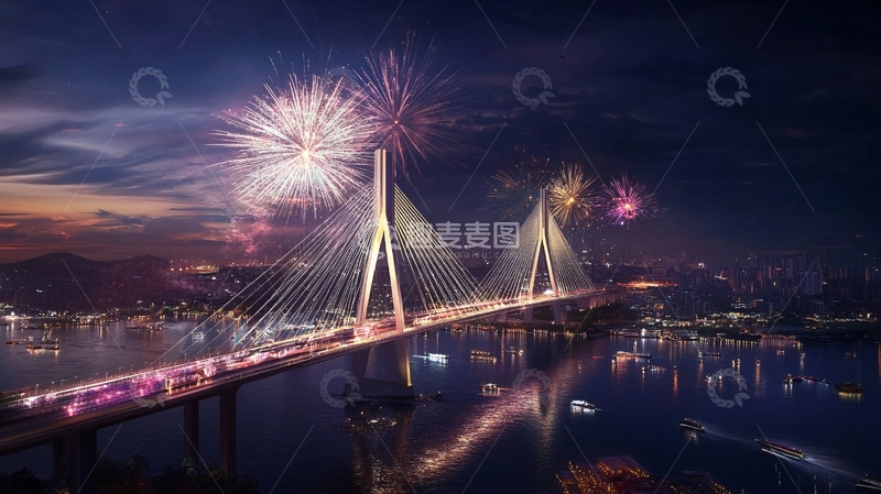 高清大图下载【趣麦麦图】跨海大桥烟火花
