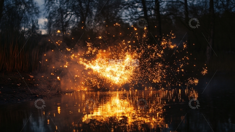 高清大图下载【趣麦麦图】湖畔打铁花打铁花民俗2