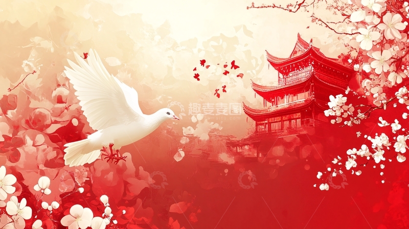 高清大图下载【趣麦麦图】手绘建筑花鸟背景