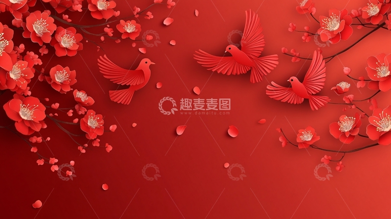 高清大图下载【趣麦麦图】新中式手绘红色花鸟12