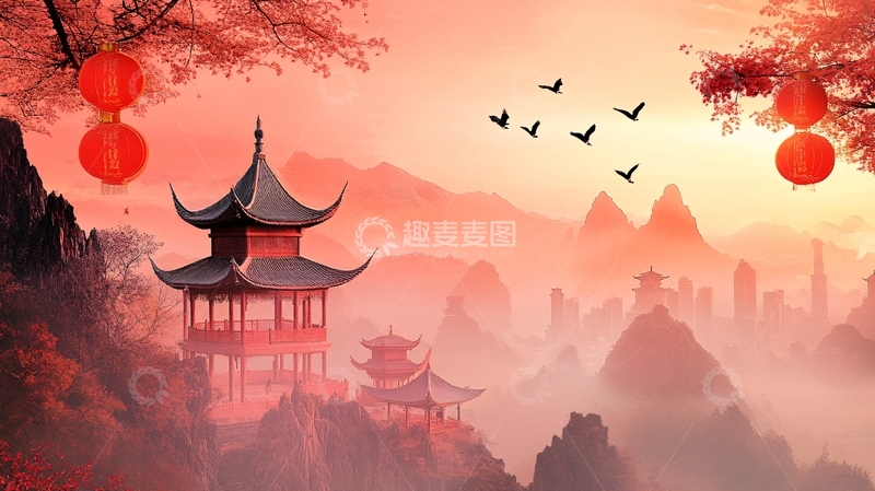 高清大图下载【趣麦麦图】仙鹤楼阁古风山水画25